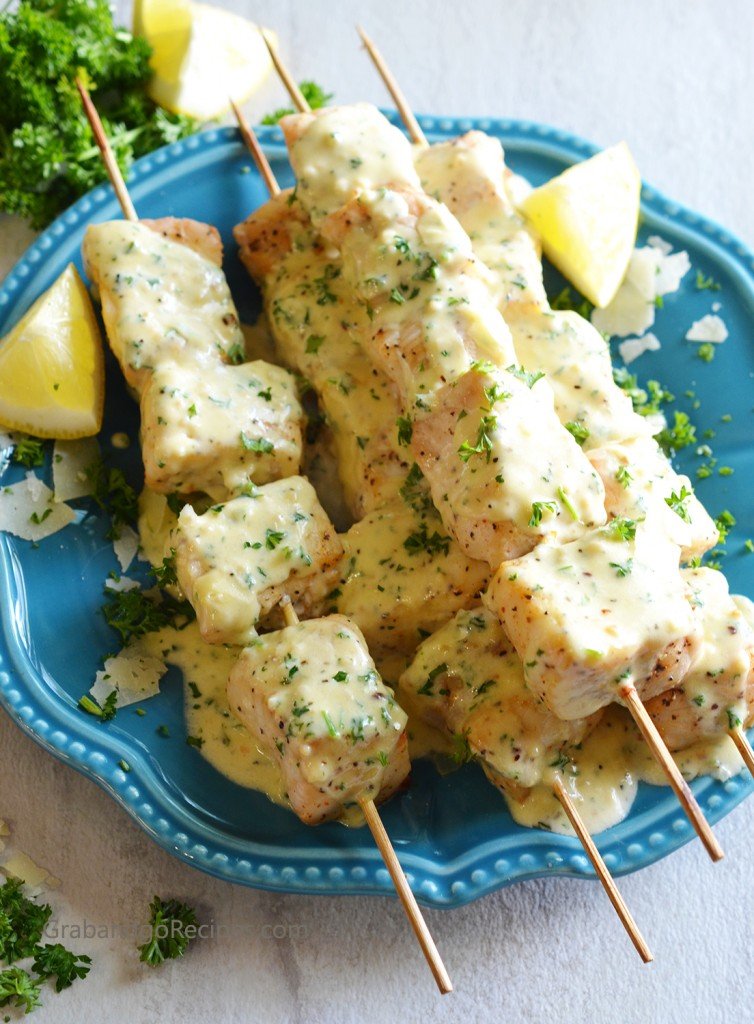 fish kabobs with garlic parmesan cream sauce